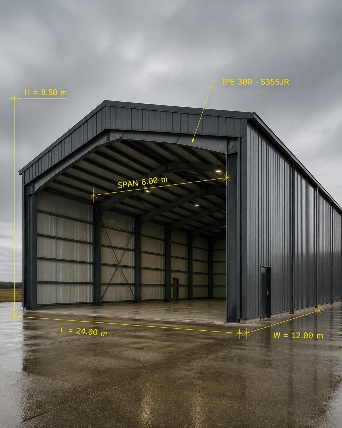 Hangar métallique avec cotation technique — L×W×H 24×12×8.50 m, portique IPE 300 S355JR
